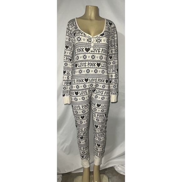 PINK Victoria's Secret Black and Cream Love Print Pajama Set - Picture 1 of 8